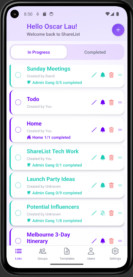 Home screen with your lists