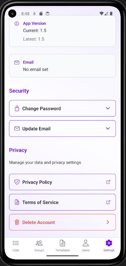 Settings screen